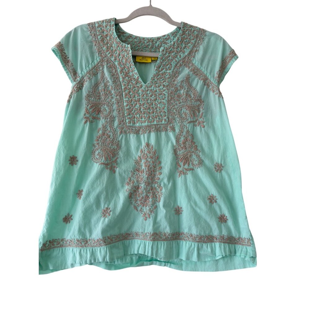 Roller Rabbit Embroidered Tunic Top V-Neck Short Sleeve Aqua Tan M - Picture 2 of 13
